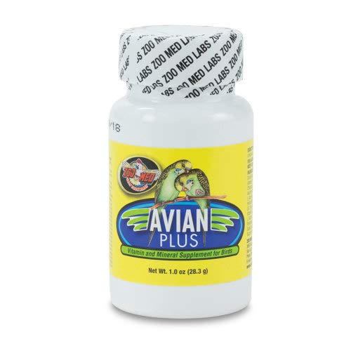 Zoo Med Avian Plus vitamin mineral supplement bottle with yellow label and parakeet illustration