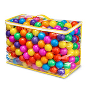 Clear storage bag filled with colorful plastic ball pit balls in multiple bright colors