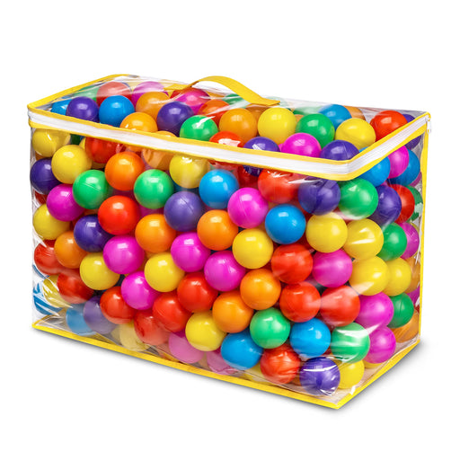 Clear storage bag filled with colorful plastic ball pit balls in multiple bright colors