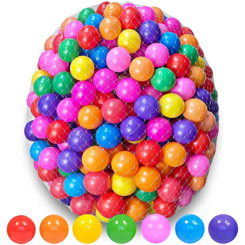 1000 colorful plastic ball pit balls packed in a white mesh net bag
