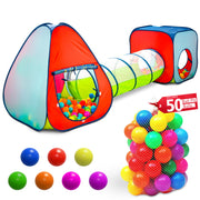 Kids play tent and cube connected by crawl tunnel with 50 colorful ball pit balls included