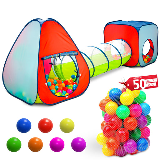 Kids play tent and cube connected by crawl tunnel with 50 colorful ball pit balls included