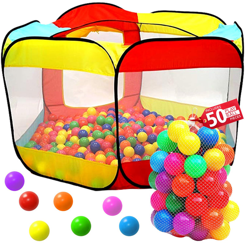 Colorful pop-up ball pit tent filled with multicolor balls next to net bag of 50 play balls