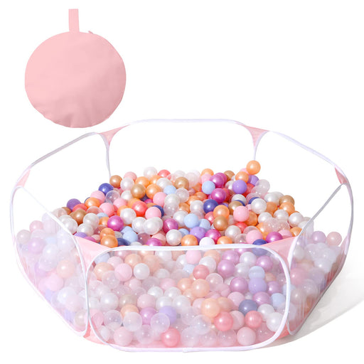 Pink hexagonal pop-up ball pit filled with colorful pastel balls shown with folded storage bag