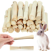 Bundle of natural bamboo chew sticks with rabbit and human hand showing size comparison