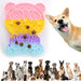 Colorful bear-shaped silicone lick mat with treats and happy Shiba Inu dog beside it