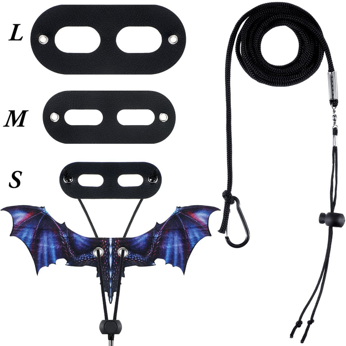 Black bearded dragon harness set with three size options L, M, S and decorative dragon wing design