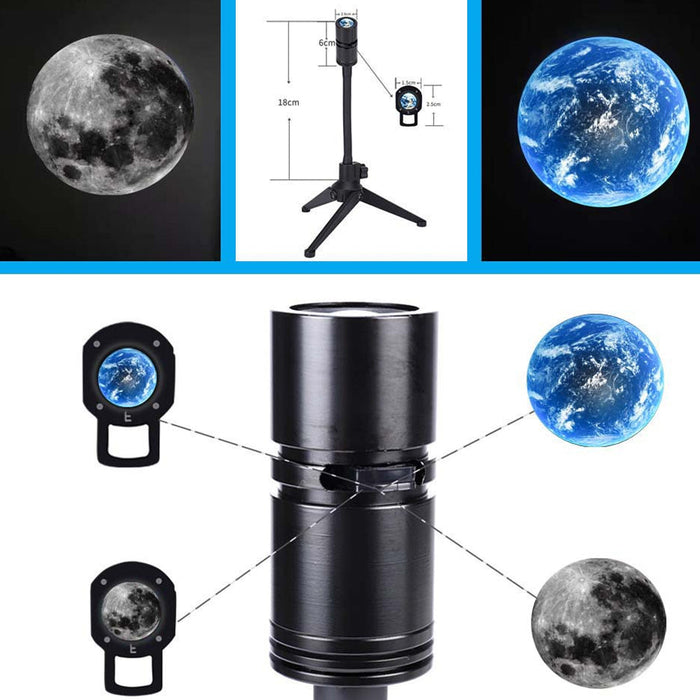 Bedroom space lamp with adjustable stand projects Earth or Moon at 2-3 meter range
