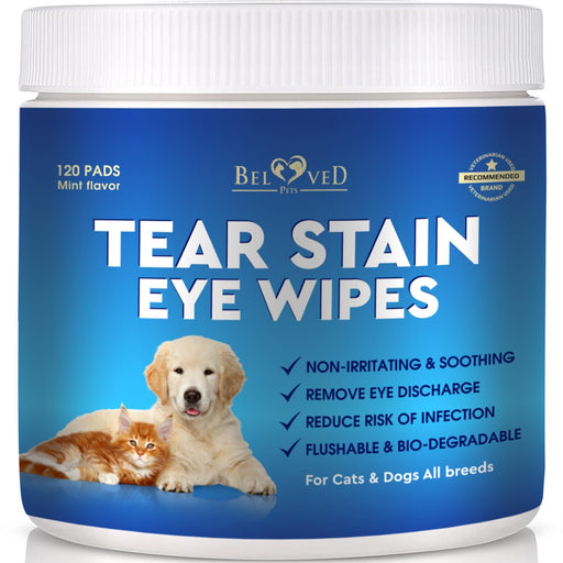 Blue container of Beloved Pets tear stain eye wipes with white puppy and orange kitten on label
