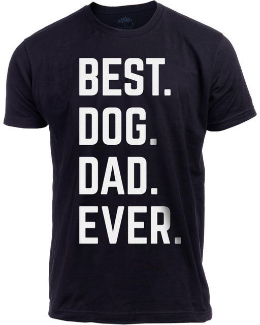 Navy blue mens tshirt with bold white text reading Best Dog Dad Ever