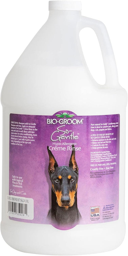 White gallon jug of Bio-Groom So-Gentle hypoallergenic creme rinse with purple label and Doberman