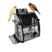 Gray bird carrier backpack with cockatiel and robin perched outside showing transparent panels