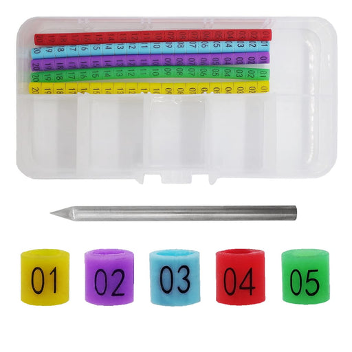 Colorful numbered bird bands in storage case with individual rings showing 01-05 and metal tool