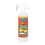 White spray bottle of Absolutely Clean bird cage cleaner with colorful parrot label design
