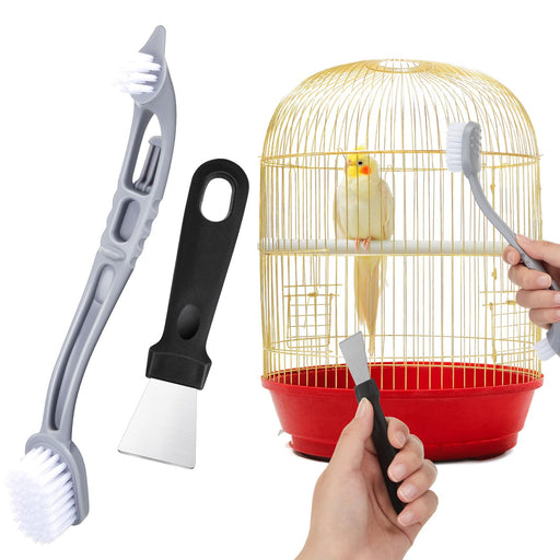 Bird cage cleaning tools demonstration with yellow cockatiel in gold cage and hands holding brushes