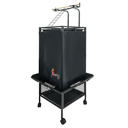 Black bird cage cover on wheeled metal stand with perches and storage shelf