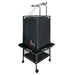 Black bird cage cover on wheeled metal stand with perches and storage shelf