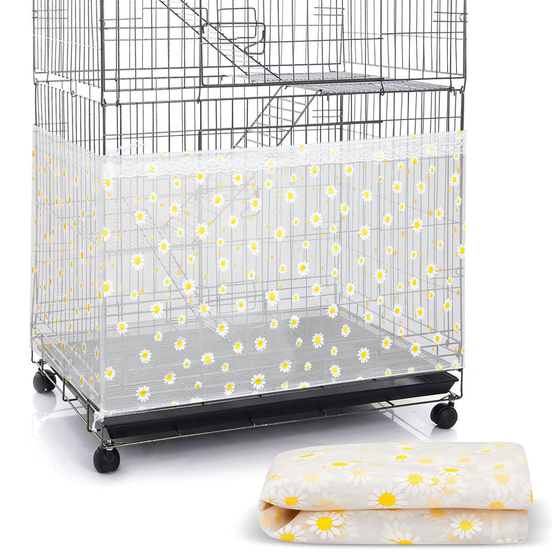 Wire bird cage with white daisy pattern seed catcher skirt attached and folded spare material