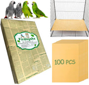 Sandpaper bird cage liner package with sample sheets and cage installation view