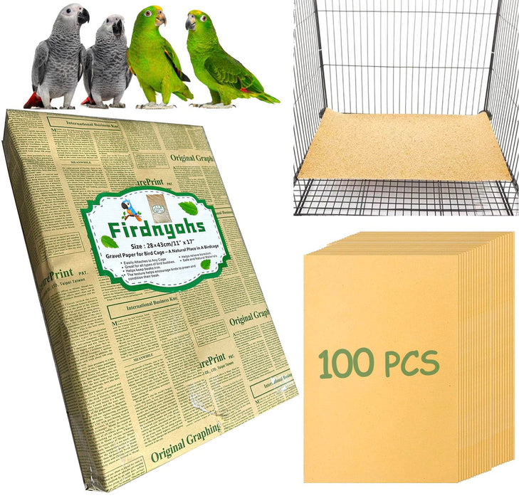 Sandpaper bird cage liner package with sample sheets and cage installation view