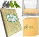 Sandpaper bird cage liner package with sample sheets and cage installation view