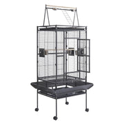 Black metal bird cage with open door on wheeled stand showing interior perches and play top