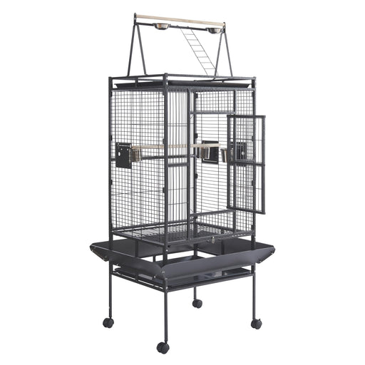 Black metal bird cage with open door on wheeled stand showing interior perches and play top