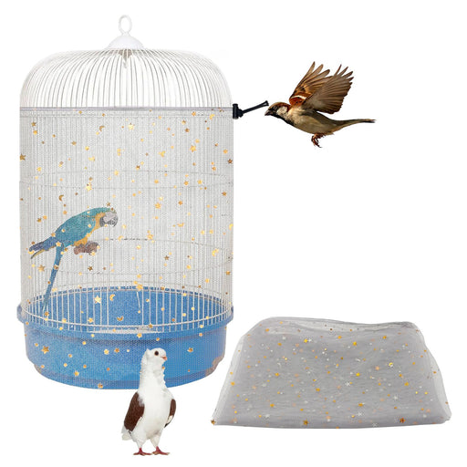 Bird cage seed catcher with mesh cover, golden star pattern, and birds demonstrating use