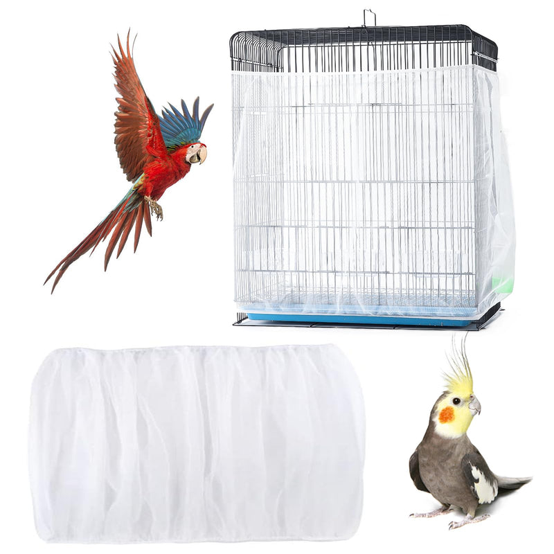 White mesh bird cage seed catcher with flying red macaw and perched cockatiel demonstration
