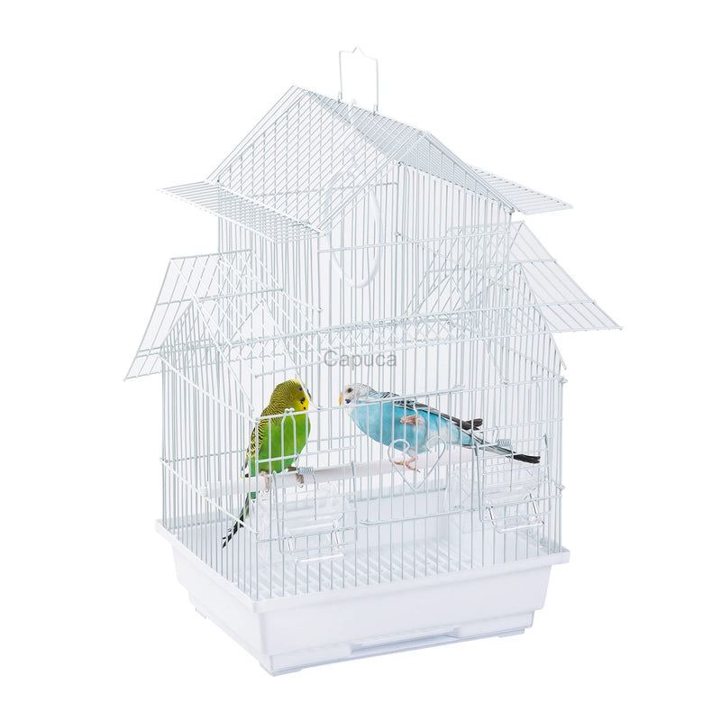 White house-shaped bird cage with two budgerigars perched inside on clear acrylic perches