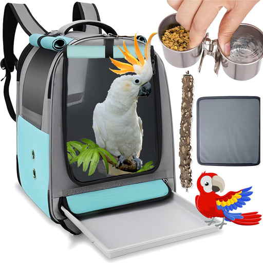 White cockatoo inside turquoise bird carrier backpack with feeding accessories and parrot toy