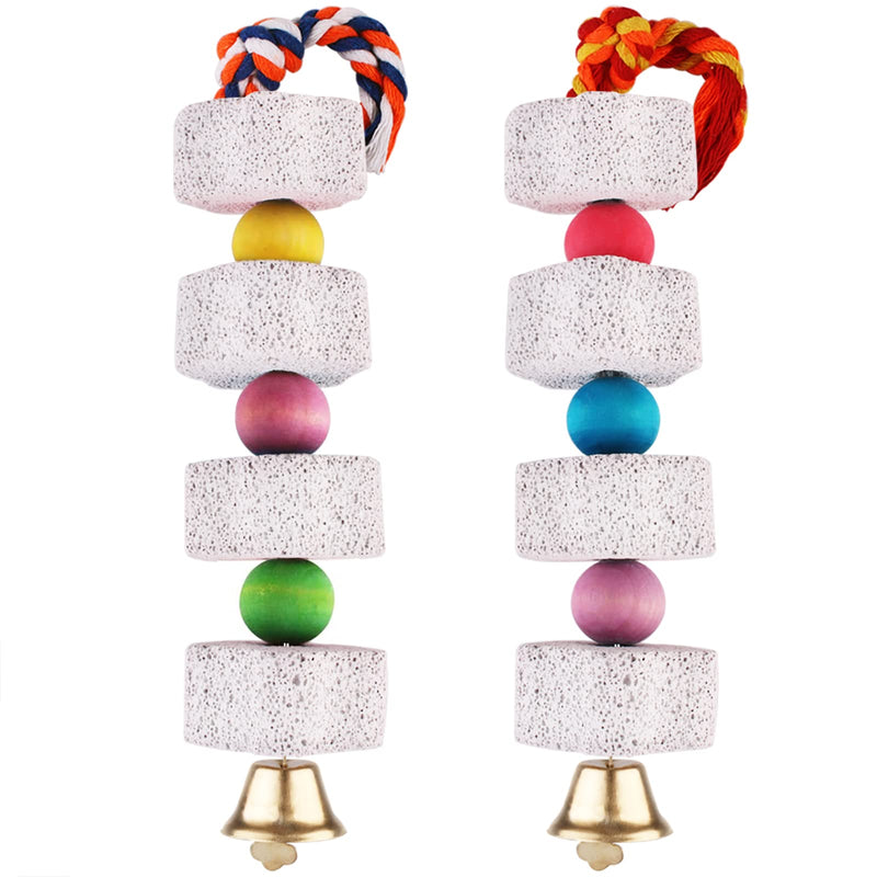 Two colorful bird chew toys with white pumice blocks, rainbow wooden beads and brass bells