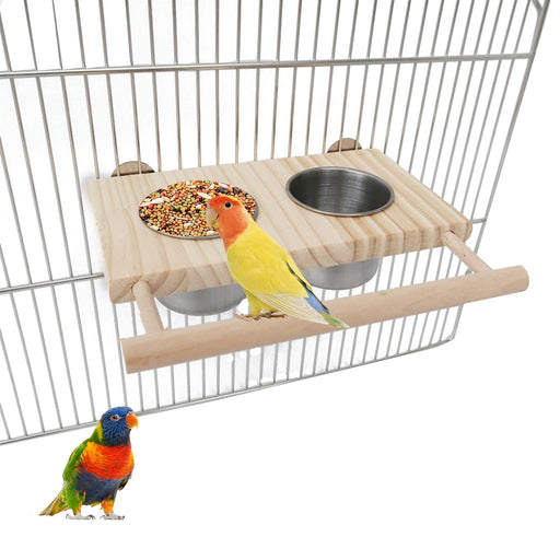 Wooden bird feeding platform with two bowls and perch, showing colorful lovebirds eating