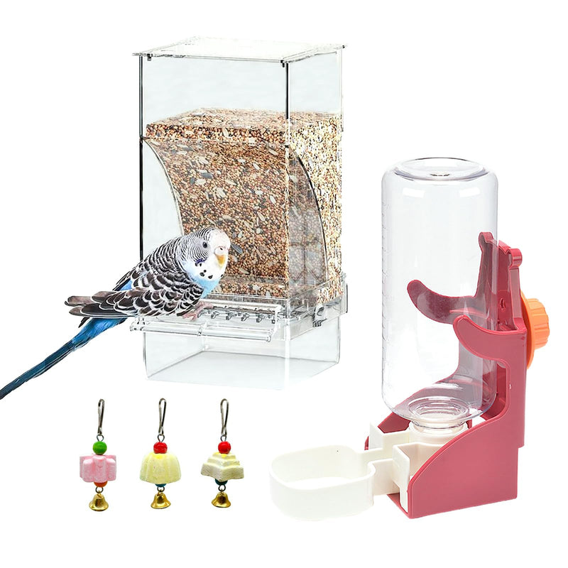 Bird feeder set with budgie eating seeds, water dispenser, and colorful hanging toys with bells