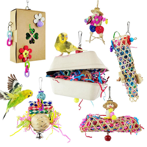 Colorful bird foraging toy set with 6 pieces including woven baskets, puzzle box, and hanging toys