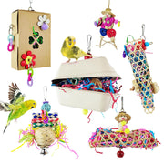 Six colorful bird foraging toys arranged on white background with two parakeets interacting