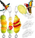 Stainless steel bird fruit skewers with colorful fruit kabobs and white plastic attachments