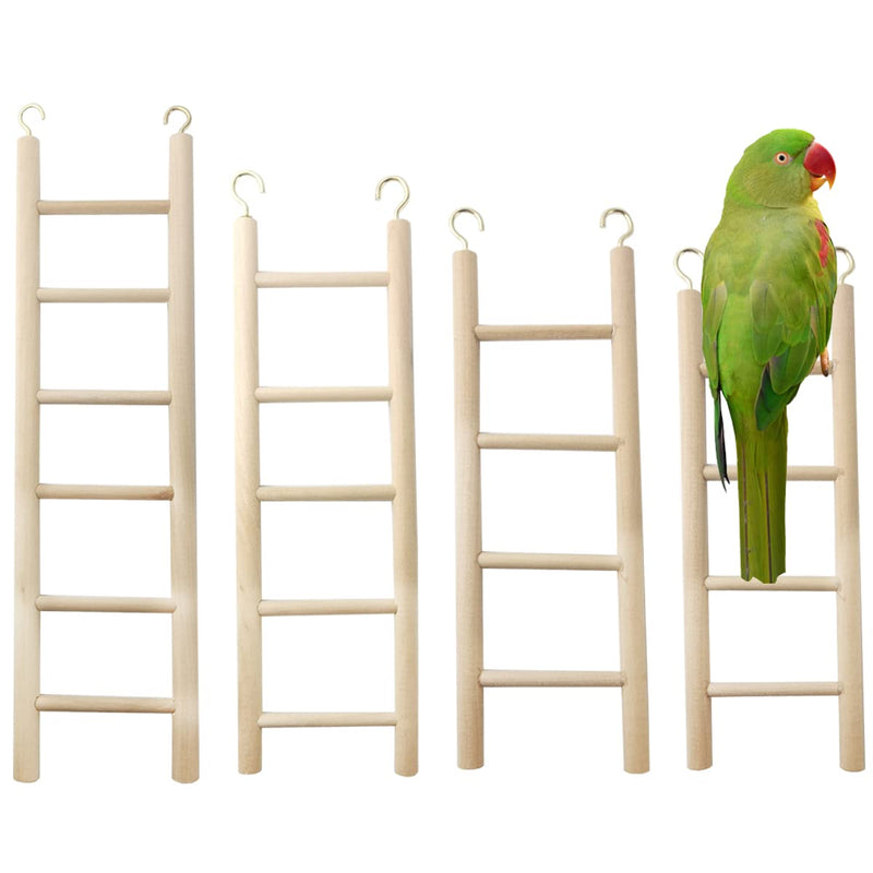 Green parrot perched on wooden ladder with four other natural wood bird ladders displayed