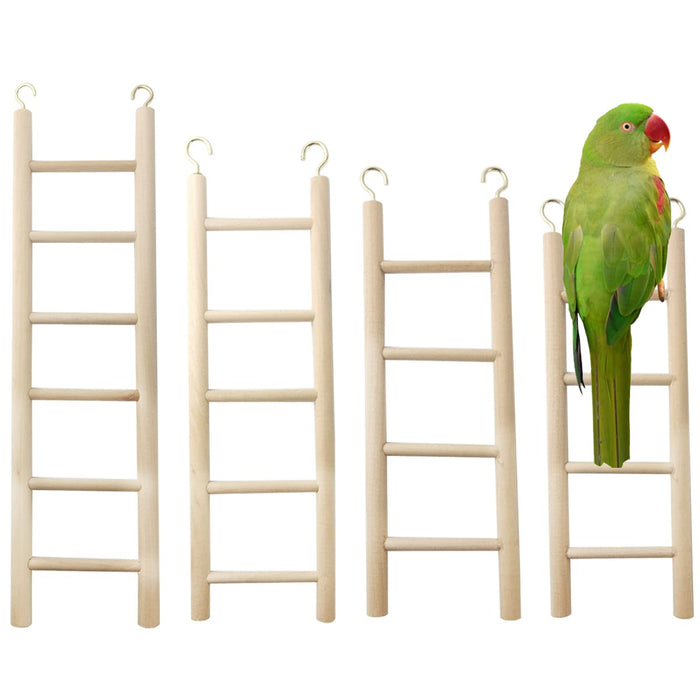 Green parrot perched on wooden ladder with four other natural wood bird ladders displayed
