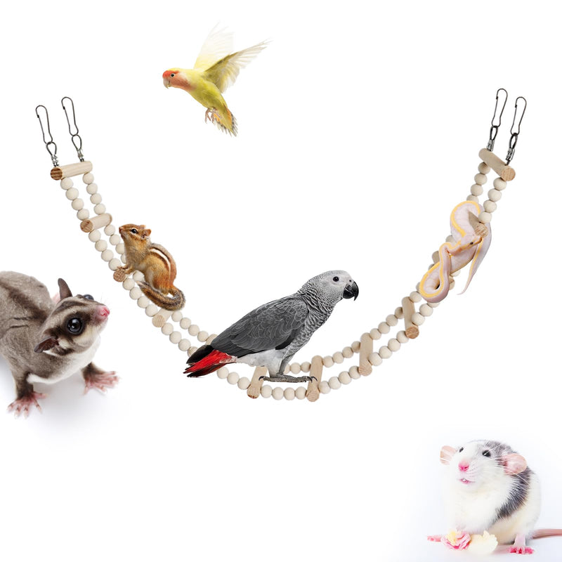 Natural wood bird ladder with small pets including parrot, chipmunk, sugar glider and rat