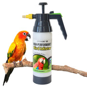 Orange parrot perched on branch next to high-performance bird mister spray bottle on white