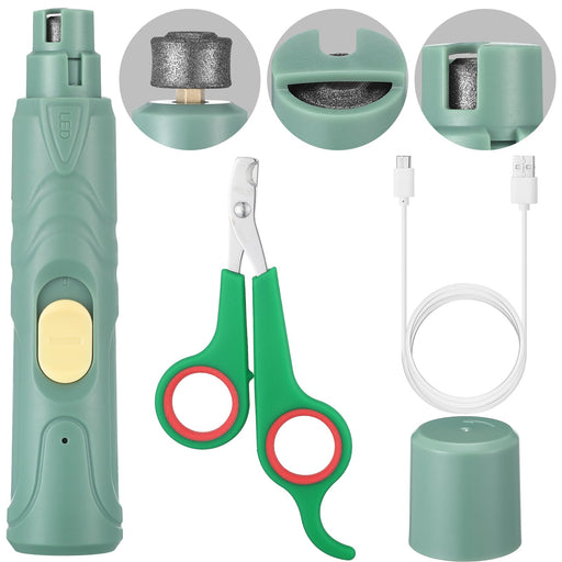 Green LED bird nail grinder kit with clipper scissors, USB cable and protective cap components