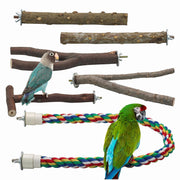 Natural wood bird perches with colorful rope perch, featuring two parrots demonstrating use
