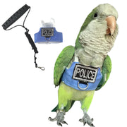 Green parrot wearing blue police vest harness with black leash and baton accessories