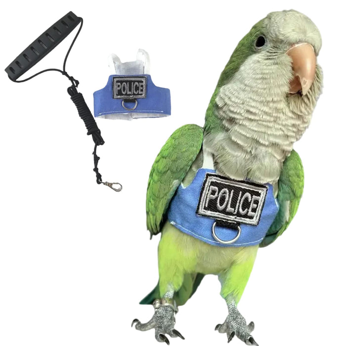 Green parrot wearing blue police vest harness with black leash and baton accessories