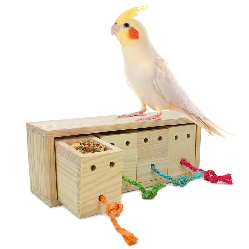 Cockatiel perched on wooden foraging puzzle toy with colorful rope toys and treat compartment