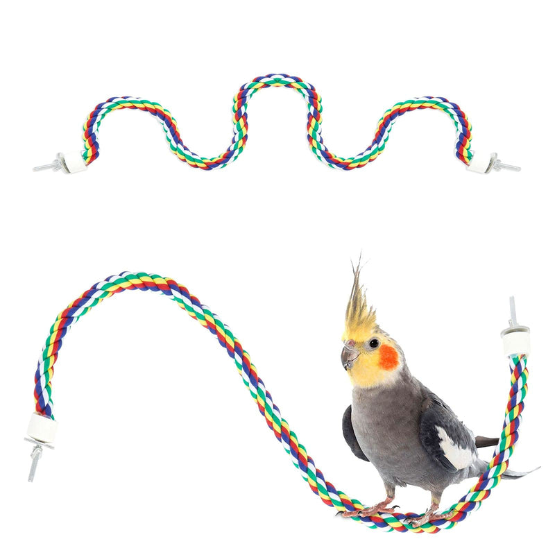 Cockatiel perched on colorful braided rope swing with matching spiral perches displayed above