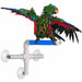 Colorful parrot perched on blue shower perch with white suction cup mounting system