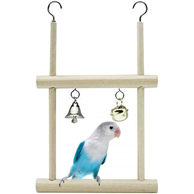 Blue and white lovebird perched on natural wood swing with bell and mirror toys