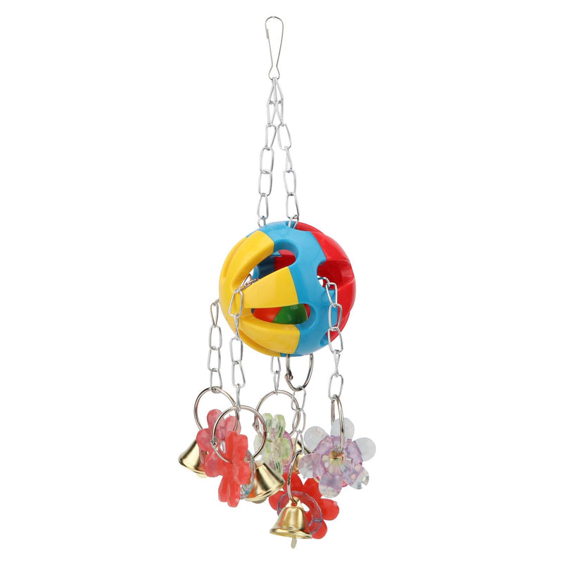 Colorful bird toy with red, blue, yellow sphere hanging from chain with bells and decorative